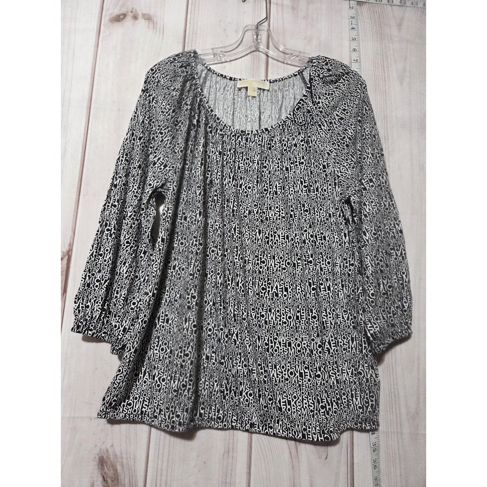 Michael Kors Blouse Womens Large Black White Logo Print 3/4 Sleeve Peasant Boho